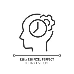 Time for thinking process pixel perfect linear icon. Synchronizing biological clock. Keep learning. Thin line illustration. Contour symbol. Vector outline drawing. Editable stroke. Arial font used