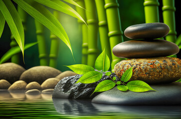 Zen Stones and Bamboo on the water. Spa still life with stacked of stone. Generative AI