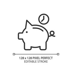 Save money for future pixel perfect linear icon. Retirement savings. Piggy bank with clock. Thin line illustration. Contour symbol. Vector outline drawing. Editable stroke. Arial font used