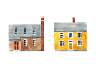 Watercolor hand drawn illustration of a country houses set. Isolated buildings on white background.
