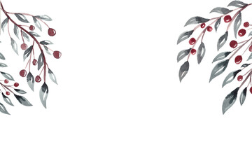 Red berries on branch watercolor painting set elements isolated on white background