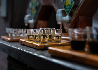 Assortment of hard strong alcoholic drinks and spirits in glasses on bar counter