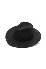 Subject shot of a black fedora hat adorned with white decorative pearls. The stylish felt hat with pearl beads is isolated on the white backdrop.