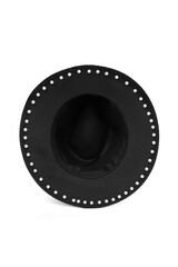 Subject shot of a black fedora hat adorned with white decorative pearls. The stylish felt hat with pearl beads is isolated on the white backdrop.