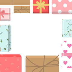 White background with speckled gift boxes around. Empty space for text.