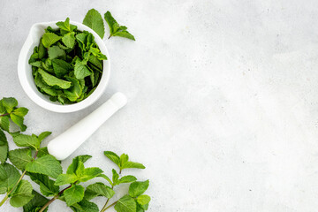 Aroma herbs for medicine and cooking. Mint leaves in mortar