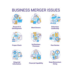 Business merger issues concept icons set. Corporate acquisition idea thin line color illustrations. Company owners. Isolated symbols. Editable stroke. Roboto-Medium, Myriad Pro-Bold fonts used
