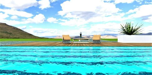 Romantic setting at the top of the mountain. Two empty beige sun loungers and a small table near the pool with steps translucent against a cloudy sky. 3d rendering.