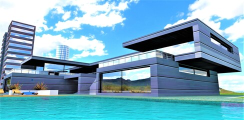 The turquoise surface of the water of the pool in the courtyard of an elite house in a developing technological area. 3d rendering.