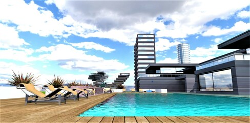 Elite country house of the future. Amazing pool with sun loungers around. View of urban high-rise buildings of an unusual shape. 3d rendering. © Oleksandr
