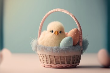 Chick in a easter basket. Generative AI