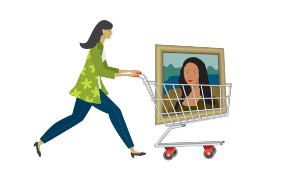Woman running with shopping cart with art. Isolated on white. Vector illustration.