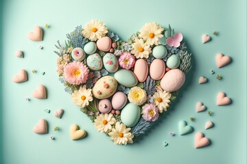 Fototapeta na wymiar Easter eggs and flowers shaped as heart. Generative AI