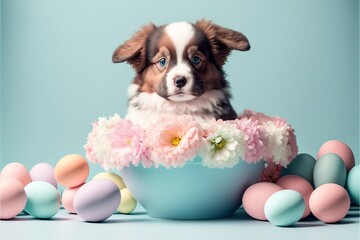 Cute dog in front of easter eggs and flowers. Generative AI