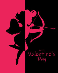 Happy Valentine's Day.Cupid with an arrow on a pink and black background.Holiday greetings.