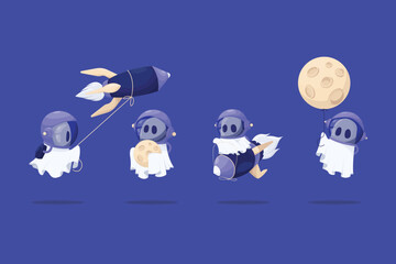 Cute Ghost Astronaut Characters Play with Rockets and Moon Isolated on Blue Background