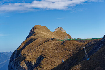 Scenic view of mountain peak Tschingel at Axalp, Canton Bern, on a sunny autumn day. Photo taken October 18th, 2022, Axalp, Switzerland.