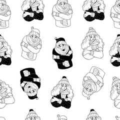 Seamless pattern with Frozen, cold man and woman wrapped in scarf on white background. Vector illustration in doodle style for design, packaging, wallpapers, textiles and wrapping paper, printing.