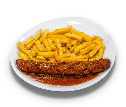 German Currywurst - sausage with french fries and curry ketchup on a white plate, isolated