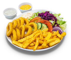 Calamari, Tintenfischringe mit Pommes frites und Salat