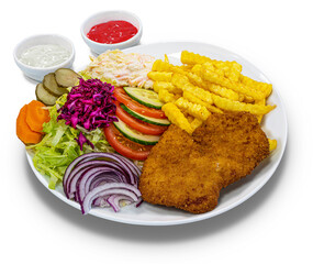 Schnitzel with french fries and salad on a white plate, isolated