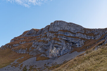 Scenic view from top of Axalp over Bernese Oberland with beautiful mountain panorama of the Swiss Alps on a sunny autumn day. Photo taken October 18th, 2022, Axalp, Switzerland.