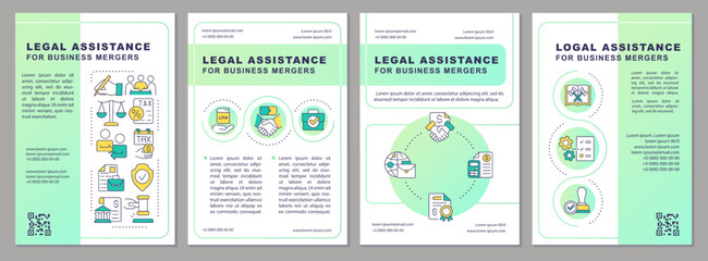 Lawyer role in company acquisitions green gradient brochure template. Leaflet design with linear icons. 4 vector layouts for presentation, annual reports. Arial, Myriad Pro-Regular fonts used