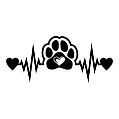 Heartbeat with paw print and hearts. Design for cat and dog lovers.