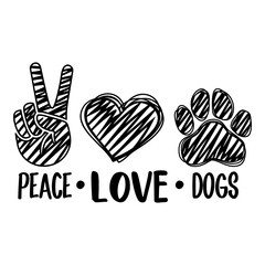 Peace love Dogs with paw print in scetch style. Dogs theme positive design for dog lovers. Animal rescue and care motivational message.