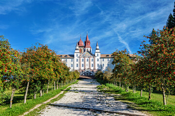The outside view of the monastery Maria Weissenstein (Italian Pietralba) is a place of pilgrimage...