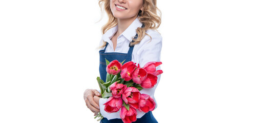 Obraz na płótnie Canvas young woman smile in apron with spring tulip flowers isolated on white background