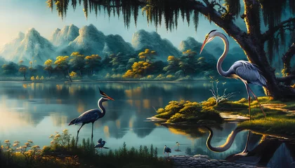 Foto op Plexiglas Artistic illustration of a heron bird on a landscape with a lake. © 4K_Heaven