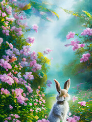 Fototapeta premium Artistic cartoon painting of fantasy rabbit in the garden, wallpaper