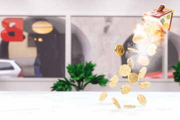 3D illustration on the theme of rising real estate prices. The building takes off on a stream of crumbling Czech crown coins. House prices grew.
