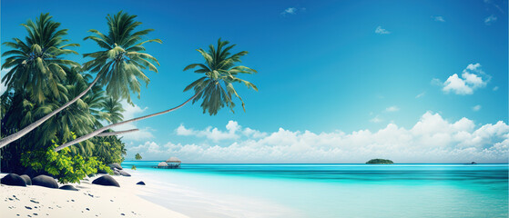 Beach Panorama with blue water and palm trees with negative space for texting  for sea hotels and resorts  