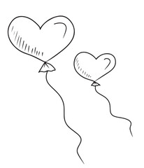 Two flying balloons in heart shape in black isolated on white background. Hand drawn vector sketch illustration in simple doodle vintage engraved style. Concept of gift, love, surprise, happiness.