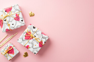 Valentine's Day concept. Top view photo of stylish gift boxes golden hearts and straws on isolated pastel pink background with copyspace