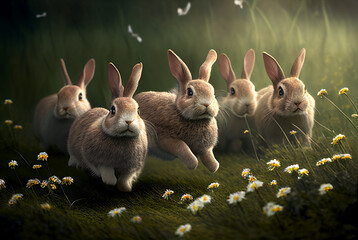 Five Cute Little Rabbits Run on Green Meadow with White Flowers. Generative AI Art. Easter Concept. Sunlit Meadow with Green Grass.