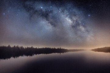 Naklejka premium Beautiful nightscape. Stars reflected in a lake. AI 