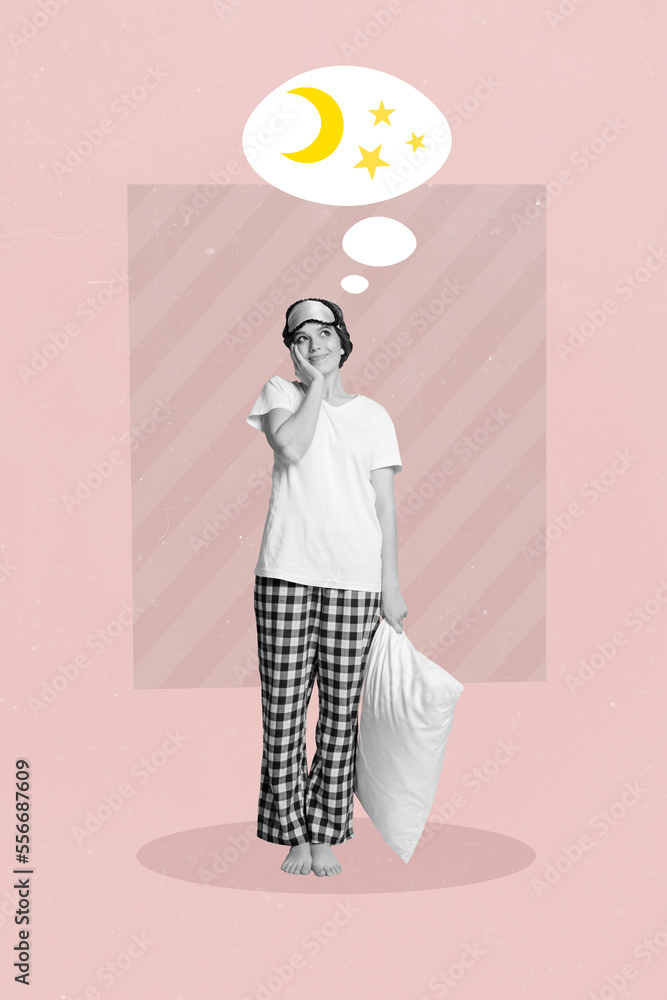 Sticker Creative photo 3d collage artwork poster postcard of cute lady dream sleep after work day isolated on painting background