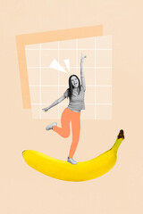 Vertical collage picture of cheerful overjoyed black white effect girl stand dancing big banana...