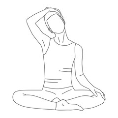 Line art of woman meditating and streching neck vector.