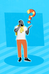 Vertical collage image of black white gamma positive guy chatting telephone ask question mark...