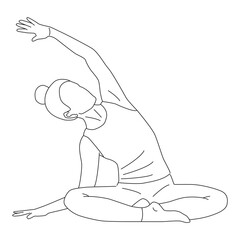 Line art of woman doing yoga in dynamic side stretch pose. Girl sitting on the ground and bend her arm to the left.