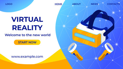 VR glasses and hand tracking controllers landing page template. Design of virtual reality headset on futuristic interface for banner, website. Cyberspace equipment for AR gaming, education, business