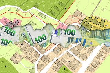 Land registry fees in European Union - concept with an imaginary cadastral map of territory with buildings and land parcel against european euro banknote
