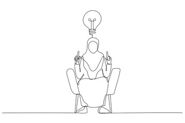 Drawing of muslim businesswoman having creative idea gesturing eureka with both hands. One continuous line art style