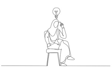 Cartoon of muslim businesswoman pointing finger to head and encouraging to think. Single line art style