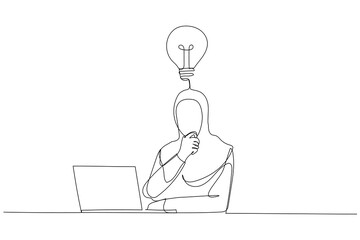 Drawing of thoughtful muslim businesswoman think of online project looking at laptop at workplace. Single continuous line art style