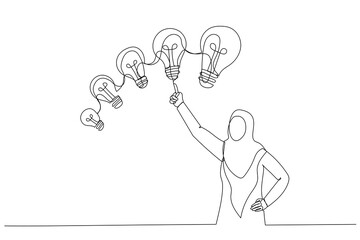 Drawing of muslim businesswoman with different sizes of idea. Continuous line art